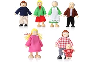 JZSZERA Wooden Dolls House People Family of 7 Pretend Play Figures for Dolls House Accessories Gift