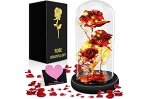 MOYKSRR La Bella e La Bestia Rosa, Rosa Eterna, Rosa per Sempre in Cupola di Vetro, Rosa Eterna con Base Pino Luci LED, Idee Regalo Fidanzata Donna Regali, Mamma, Anniversario Regali Decorazioni