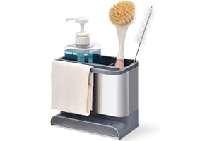 APEXCHASER Stainless Steel Sink Caddy with Dish Cloth Hanger, Utensil Holder with Drip Tray, 2 Compartments Rustproof Kitchen Sink Tidy Accessories Organiser for Brush, Sponge, and Flatware Crock