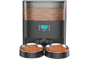 HONEYGUARIDAN 6L Comederos Automáticos para Gatos y Perros, Dispensador Comida para 2 Gatos, Temporizador, Bolsa Desecante, 10s Grabadora de Voz, 2 Cuenco de Acero Inoxidable, hasta 6 Comidas al día