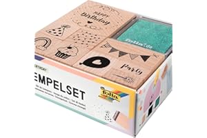 folia 31104 - zestaw drewnianych stempli Happy Birthday, łącznie z 9 drewnianymi stemplami i 2 poduszkami do stempli, idealny do ozdabiania kart, książek przyjaźni, do literowania i scrapbookingu