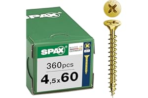 SPAX Tornillo universal 4,5 x 60 mm, 360 unidades -Tornillos para madera con rosca completa, cabeza avellanada, ranura en cruz Z2, 4CUT, recubrimiento YELLOX - 8000000287732