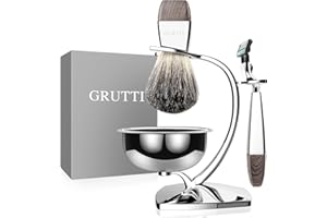 GRUTTI Set da barba, rasoio cromato di lusso e portaspazzole con portasapone e spazzola in tasso Badger Pennello e rasoio di sicurezza compatibile con Mach 3