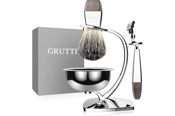 GRUTTI Ensemble de rasage, rasoir de luxe chromé et support de brosse avec bol de savon et brosse de rasage pour cheveux de blaireau et rasoir de sécurité compatible avec Mach 3