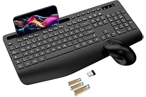 SABLUTE Tastatur Maus Set kabellos, Handballenauflage, Telefonhalter, Akku im Lieferumfang enthalten, 2.4G keine Latenz Ergonomische Tastatur kabellos Set, Leise Maus und Tastatur für Laptop, PC, Mac, Windows