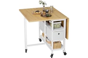 YITAHOME Folding Dining Table, Mobile Drop Leaf Table with 6 Wheels & Storage Drawers for Small Spaces, Kitchen, Dining Room, Yellow Oak and White