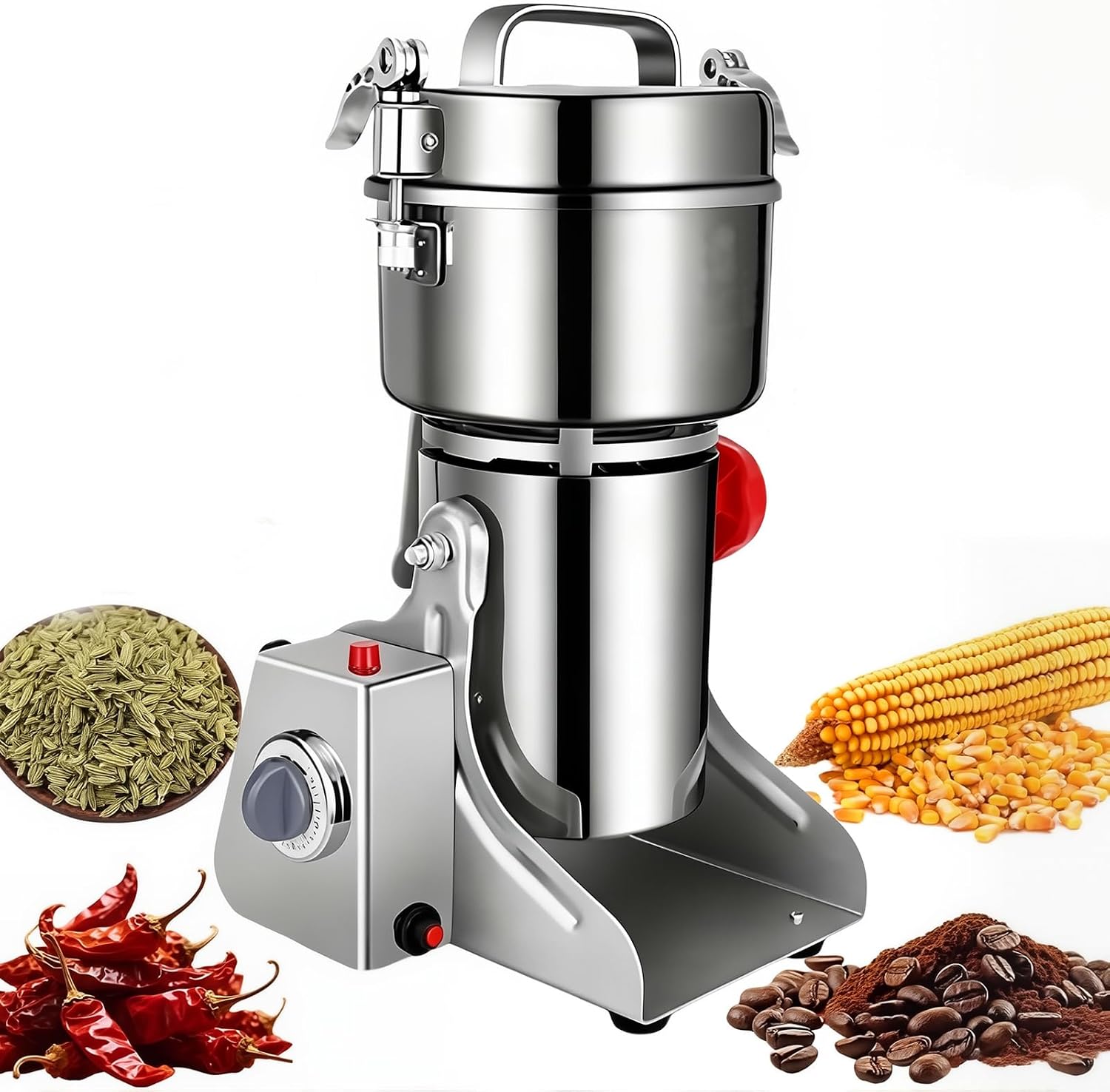 Molino Eléctrico de Granos 800G, Molino de Polvo 2400W con Cuchilla de Acero de 3 Capas & Diseño Oscilante, Triturador de Hierbas de Acero Inoxidable 430 para Especias Secas/Hierbas/Nueces/Café 1000g