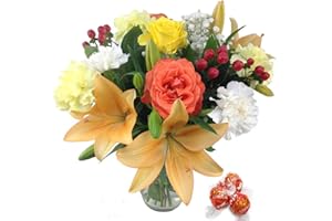 Clare Florist Eastern Sunrise Fresh Flower Bouquet with Chocolates - Beautiful Roses and Lilies Fresh Flowers for Birthdays, Anniversaries and Special Occasions