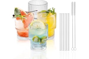 DUNSOO Juego de 4 vasos de cóctel con pajita, vasos acanalados para cócteles, agua, zumo, mojito, vasos largos