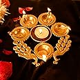 Ascension Peacock Diya Shape Decorative Urli Bowl for Home Decor with 5 Attached Oil Diyas for Floating Flowers and Tealight Candles Home Table | Diwali Decoration Items for Home Pooja Room (7 inch)