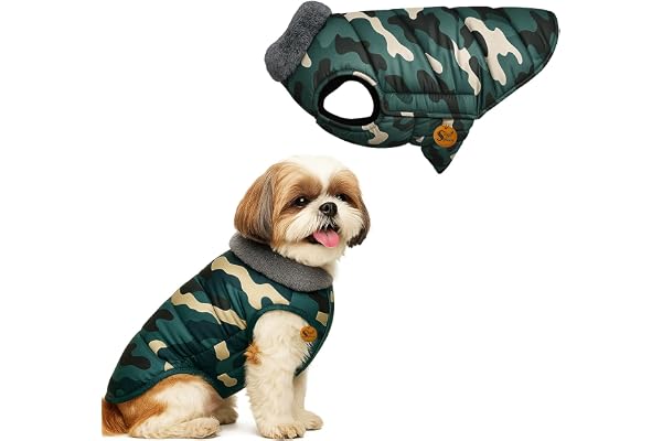 Sage Square Printed Dog Winter Coat with Soft Fur Collar Cold Weather Windproof Jacket Stylish Warm Outfit Adjustable Strap, Cozy Inner Lining Comfortable (Type 7, Small - 12inch)