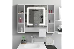 ‎TUKAILAI TUKAILAI Spiegelschrank mit LED-Beleuchtung, 6 offene Ablagefächer und Verstellbaren Regalen, Badezimmerspiegel mit Touchschalter Badspiegel Lichtspiegel Wandspiegel Badschrank für Badezimmer