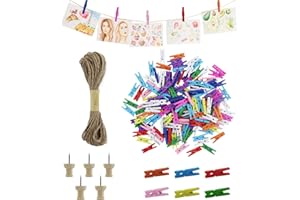 EASYKEENECOM 150PCS Mini Colourful Wooden Pegs,Photo String and Pegs,2.5cm Natural Small Photo Pegs,Small Pegs for Hanging Photos,Wooden Pegs Craft with 10M Jute String for Photo Wall Display,Craft,Weddings,Party