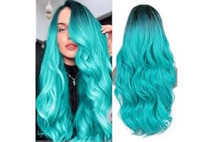 PORSMEER Ombre verde azulado largo rizado peluca para mujer, natural verde azulado cian pelo sintético Cosplay fiesta diaria peluca ombre blulish green wig