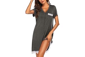 Ekouaer Koszula nocna damska, krótka bielizna nocna, krótki rękaw, koszulka do spania, dekolt w serek, koronka z zapięciem na guziki, S-XXL