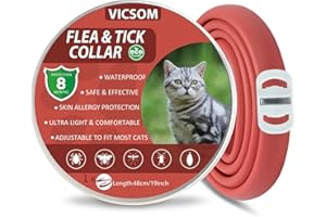 VICSOM Collier Anti Puces pour Chat, Collier Anti Puces et Tiques pour Chats, Collier Anti Puce Chat Naturelles Protection 8 Mois, Imperméable et Réglable pour Les Chatons de Toutes Tailles Rouge 1PC