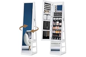 Hzuaneri Mirror Jewellery Cabinet, Standing Jewellery Organiser with 360° Rotating Base, Full Length Lockable Mirror, Large 4-Tier Storage Compartments, 4-in-1 Multifunctional, White JC16003B
