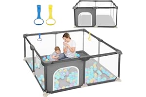 Dripex Box Bambini 124x124 cm, Recinto per Bambini, Box Neonato, Recinto Neonato con Rete Traspirante, Tessuto 210D Oxford, 2 Pezzi Anelli, Grigio scuro