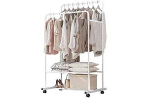 unho Stand Appendiabiti da Terra bianco, porta abiti da camera con ruote stand appendiabiti autoportante Canne Doppie armadio aperto guardaroba scaffalatura stender appendiabiti per negozi in ferro