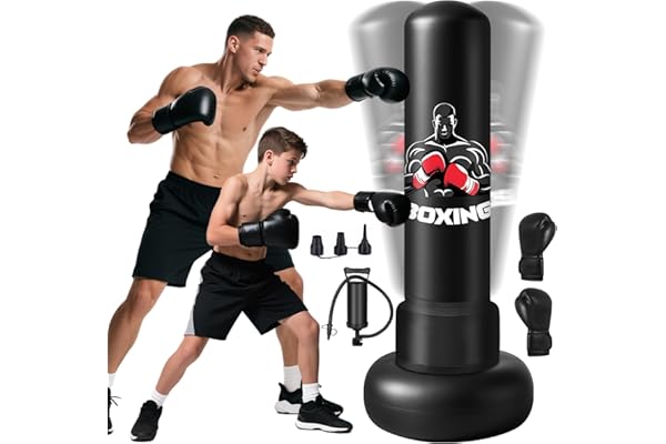 Sac de Frappe Adultes, 180cm Gonflable Punching Ball avec Gants Pompe à Air, Sac de Boxe sur Pied Enfants pour MMA Karaté Fitness Equipement de Boxe Idéal Cadeau Femmes et Hommes