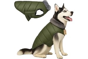 Western Era Dog Fur Quilted Olive Green Winter Coat for Dogs Warm Padded Jacket Soft Fur Collar Windproof Cold Weather Outfit for Walks Clothing Adjustable Belly Strap (6XLarge - 30inch)
