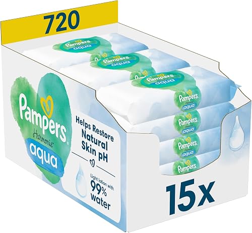 Pampers Harmonie Aqua Wet Wipes 15 Packs of 48 Wet Wipes - 720 Wet Wipes that Help Restore Skin's Natural pH Value Lightweight Lotion with 99% Water