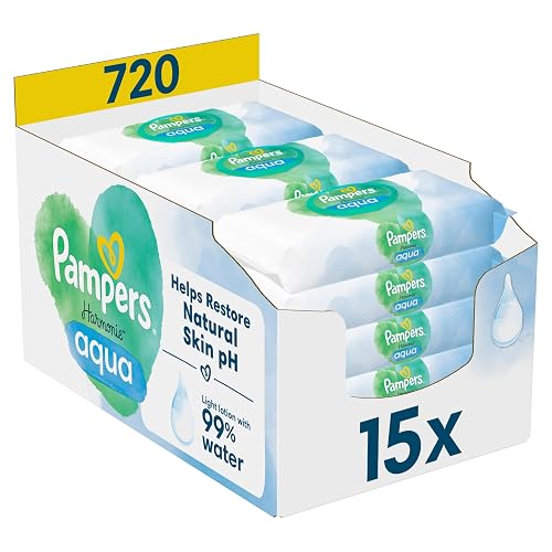 Pampers Harmonie Aqua Wet Wipes 15 Packs of 48 Wet Wipes - 720 Wet Wipes that Help Restore Skin's Natural pH Value Lightweight Lotion with 99% Water