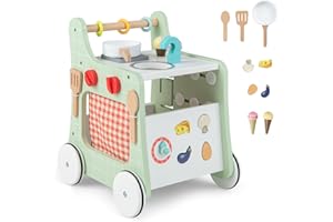 RELAX4LIFE Carrello Primi Passi in Legno 6 in 1, con Blocchi e Accessori in 9 Parti,Centro Attività Montessori con Giacattoli Cucina,34,5 x 31 x 42 cm (VERDE)