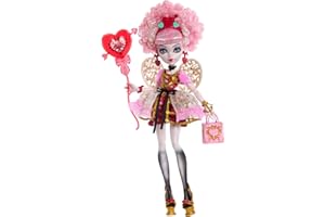Monster High Scary Sweet Birthday-Puppe, Cupid Asteria im rosa und roten Partykleid mit themenbezogenem Zubehör wie Einladung, Luftballon, Geschenk und mehr, JBG77