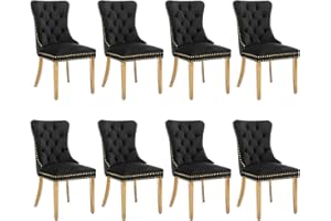 SoarFlash Ensemble de 8 chaises de Salle à Manger en Velours, Chaise tapissée capitonnée avec Bordure en Clous de cuivre, Jambes en Bois Massif plaquées Or pour Cuisine, Noir