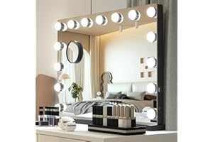 YU YUSING Hollywood Espejo Maquillaje con Luz 15 LED, 58x45 cm, 3 Modos Iluminación Regulables, Espejo Tocador, Puerto USB, Espejos de Mesa, 10x, Vanity Mirror para Tocador Dormitorio, Negro