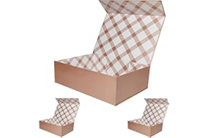 Tekhoho Paquete de 3 Cajas de Regalo Grandes Oro Rosa 33x23,7x10 cm, Caja de Regalos Premium con Tapa MagnéTica para Embalaje de Regalos de Bodas y CumpleañOs, Forro a Cuadros