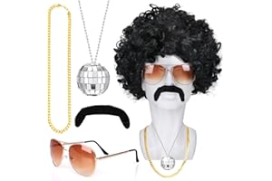 Humairc Perruque Afro Noir/Marron Or Hippie Accessoires Homme Costume Carnaval/Halloween/Disco/Annees 70s 80s Homme - Perruque Lunettes Collier Fausse Moustache