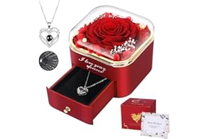 Firestyle Preserved Red Real Rose with I Love You Necklace in 100 Languages-Eternal Flowers Rose Gifts for Her Women Mum Wife Girlfriend on Christmas Valentines Day Mothers Day Anniversary Birthday