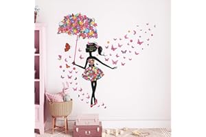Tanlaby Stickers Muraux Fée Fleur Autocollants Mural Fille Papillon Stickers Muraux Fille Avec Parapluie pour Chambre de Bébé Pépinière D'enfant Décoration Murale De La Maison