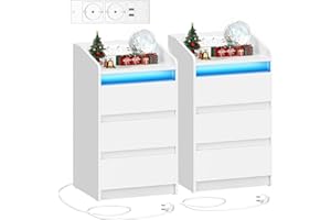 ‎HZUANERI Hzuaneri Nachttisch 2er Set mit 3 Schubladen, Beistelltisch mit Ladestation und LED, 2 AC-Steckdosenund 2 USB-Anschlüsse für Schlafzimmer, Wohnzimmer, Weiß NS40103X