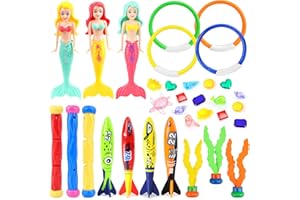 CARTLANT 33Pcs Kids Swimming Pool Diving Toys Water Sinkies Paddling Pools Swim Party Games Small Sinky for Childrens Toddler Girls Boys Sinkers Toy Dive Sticks Mermaid Gems Rings Rocket Torpedo Seagrass