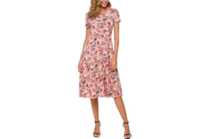 EXCHIC Damska Kwiatowym Nadrukiem Wysoką Talią Krótkim Rękawem Midi Sukienka