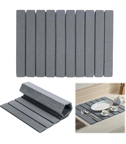 Tappetino Asciuga Piatti In Pietra Di Diatomea - Pieghevole Antiscivolo Con Bordo In Silicone - Assorbente Rapido Per Cucina - 3