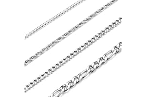 CASSIECA 4 PCS Chaîne En Acier Inoxydable Collier pour Hommes Femmes Argent Corde Chaîne pour Pendentif Cubain Lien Chaîne Figaro Rolo Collier Ensemble