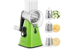 Rotary Cheese Grater, Reemix Rotary Vegetable Slicer, Rotary Kitchen Mandoline Vegetable Slicer with 3 Replaceable Stainless Steel Blades (Green)