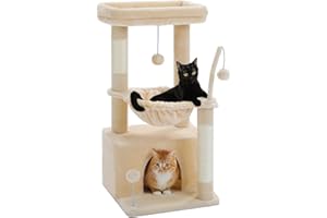 PAWZ Road Kleiner Katzenbaum für Indoor-Katzen mit Hängematte, Katzenturm mit Sisal-überzogenem Kratzbaum, großer oberer Sitzstange, Katzenkratzbaum, Beige 83 cm