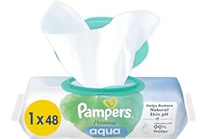 ‎PAMPERS Pampers Harmonie Aqua Chusteczki Nawilżane Dla Niemowląt i Dzieci 48 Sztuk, Ochrona Delikatnej Skóry Dziecka, Wykonane w 99% z Czystej Wody