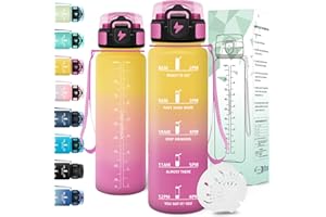 Motswedi Botella agua 1 litro, Reutilizable, Cantimplora, a Prueba de Fugas, Botella agua Gimnasio, con Marcador de Tiempo, botellas Gympara Escuela, Gym, Yoga, Oficina, Amarillo Rosa