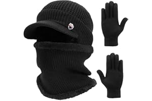 TAGVO 3in1 Winter Beanie Hat Scarf Gloves Set with Ear Warmer, Unisex Fleece Inner Lining Elastic Warm Knit Beanie Cap Earmuff Neck Warmer Touchscreen Gloves,Running Cycling Winter Accessories Sets