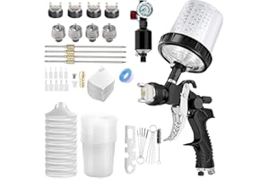 ORIFESIO HVLP Lackierpistole Spritzpistole mit 4 Düsen-1,4/1,7/2,0/2,5mm, Lackierpistole Druckluft Schwerkraft Sprühgeräte mit 600ML Messbechern, 10 Einweg-Farbmischbechern und Deckeln, 20 Filtern (Schwarz)