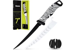 Gonex Coltello per Sfilettare Coltelli da Disosso Coltello da Pesce Professionale, Lama in Acciaio Inox Affilata e Impugnature Antiscivolo, con Fodero Ventilato e Affilatore, 17 cm