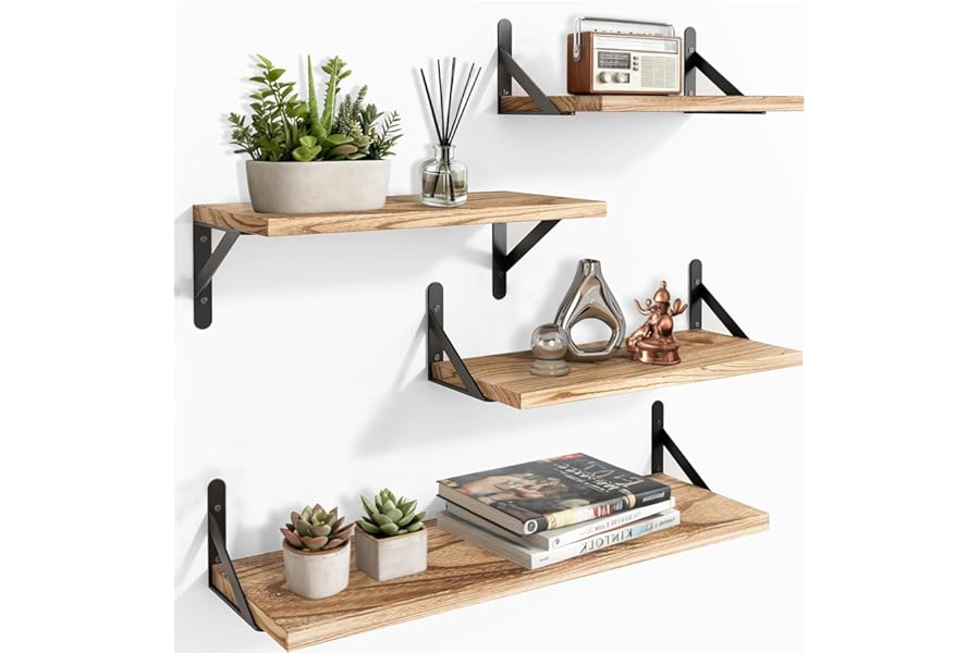 TempFoo Floating Shelves for Wall Mounted Shelf, Kitchen Bedroom 4 Wooden Rustic Shelfs for Walls, Long Wood Shelving Display Book Picture Small Trinket, Room Living Room Office Bathroom Décor