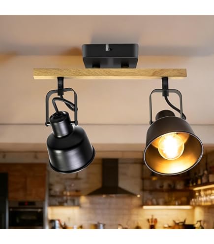 EGLO plafondlamp BARNSTAPLE, 4-lamps vintage plafondspot in industrieel design, retro wandspot van staal in gebruikte zinklook, hout, kleur