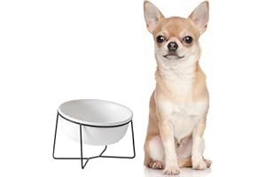 AHX Ceramic Cat Bowl - Elevated Cat Dog Bowl with Metal Stand for Water and Food - Tilted and Raised Pet Dish for Cats and Small Size Dogs - Microwave and Dishwasher Safe 15.2 oz